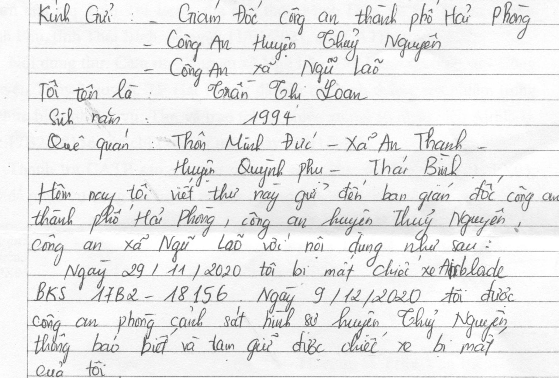 Chị  Trần Thị Loan (Thái Bình) gửi thư cảm ơn